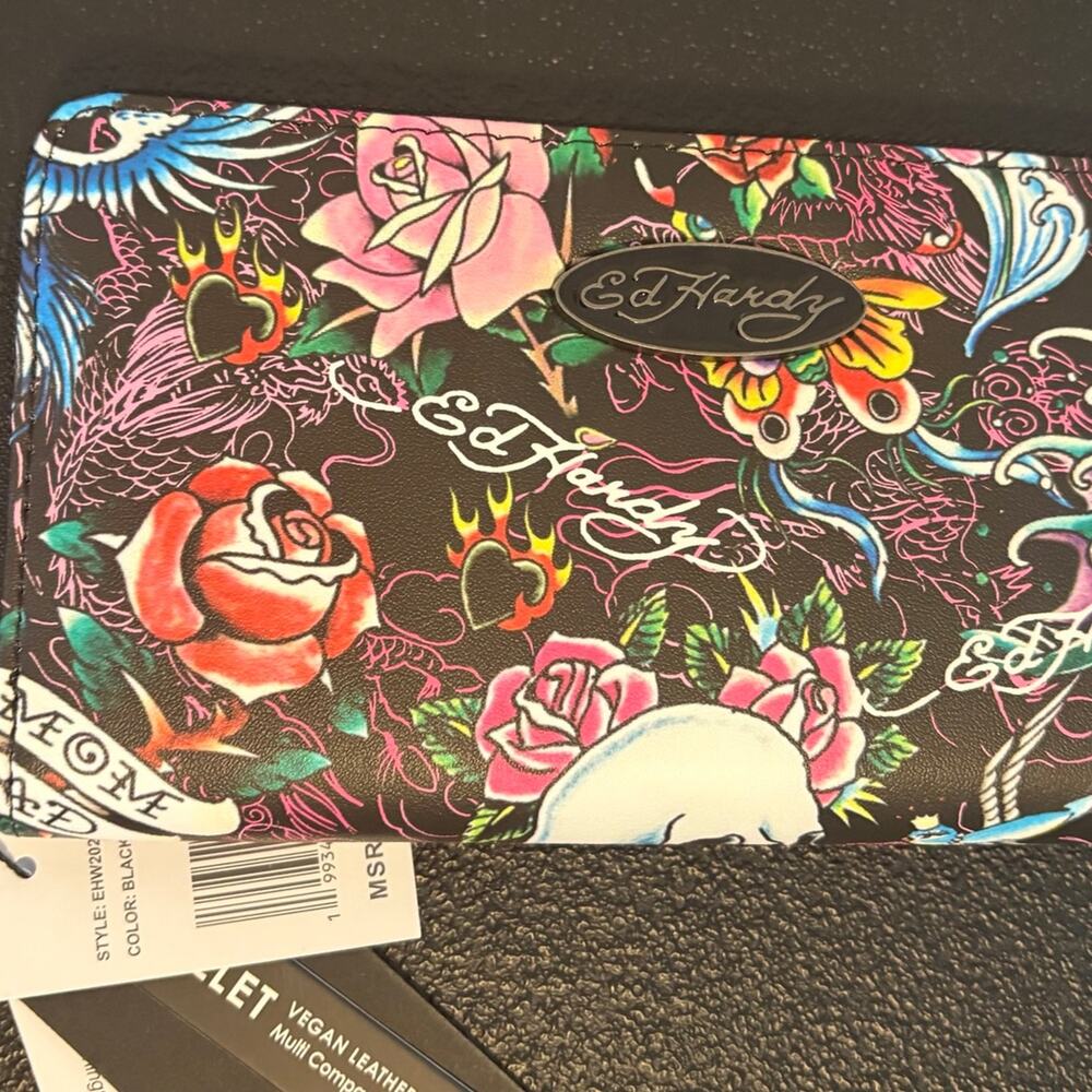 NWT Ed Hardy Tattoo Print Vegan Leather Wristlet Wallet - Black Multi